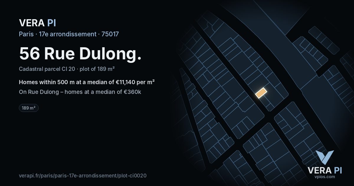 56 Rue Dulong, 17e arrondissement at night – the plot lit, the parcels around coloured by the prices near them