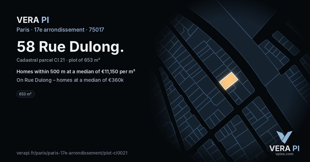 58 Rue Dulong, 17e arrondissement at night – the plot lit, the parcels around coloured by the prices near them