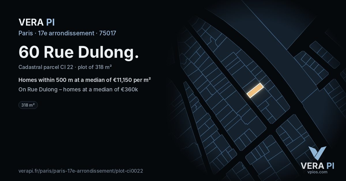 60 Rue Dulong, 17e arrondissement at night – the plot lit, the parcels around coloured by the prices near them