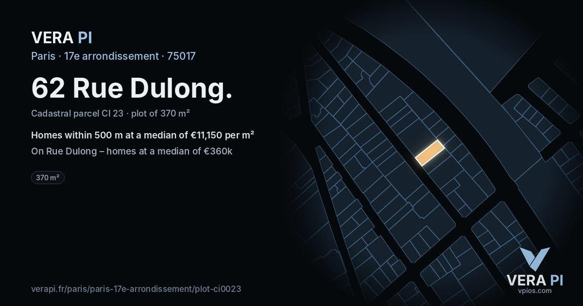 62 Rue Dulong, 17e arrondissement at night – the plot lit, the parcels around coloured by the prices near them