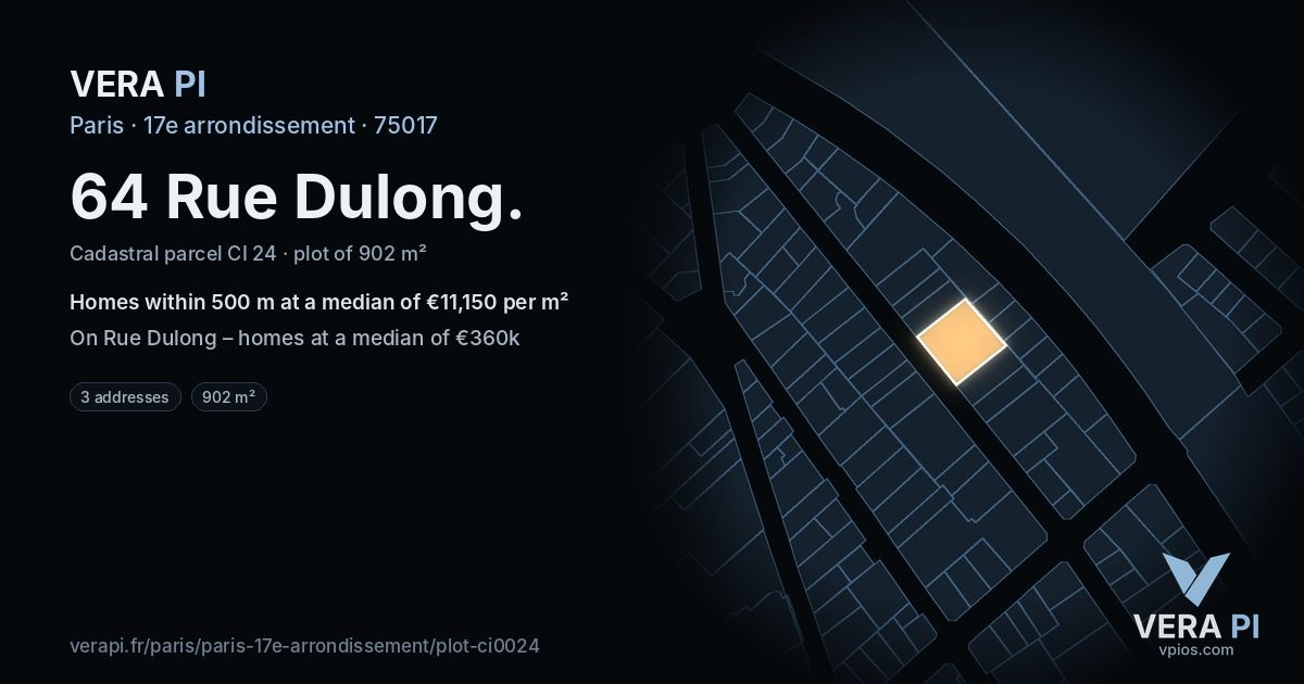 64 Rue Dulong, 17e arrondissement at night – the plot lit, the parcels around coloured by the prices near them