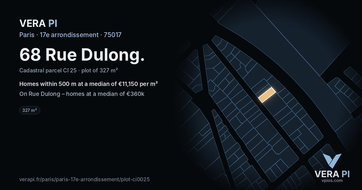 68 Rue Dulong, 17e arrondissement at night – the plot lit, the parcels around coloured by the prices near them