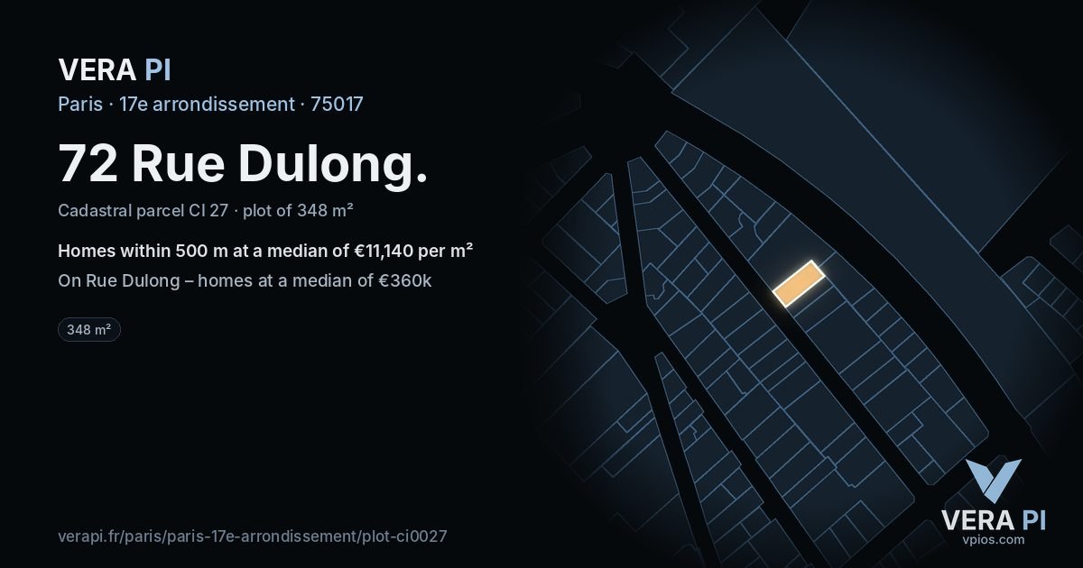 72 Rue Dulong, 17e arrondissement at night – the plot lit, the parcels around coloured by the prices near them