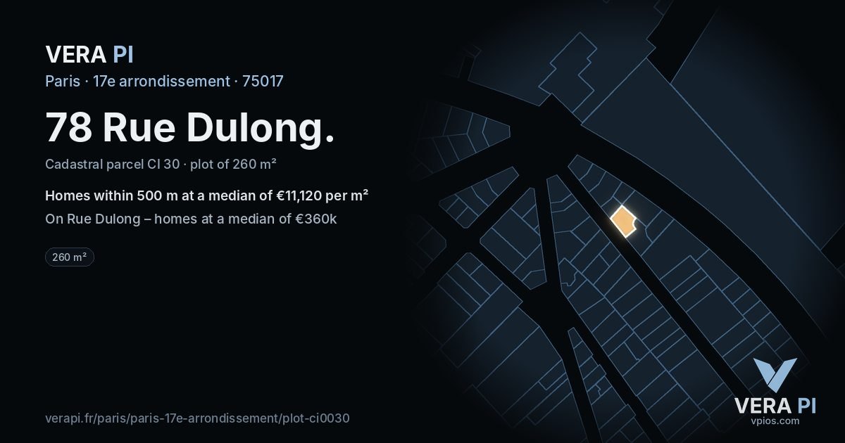 78 Rue Dulong, 17e arrondissement at night – the plot lit, the parcels around coloured by the prices near them