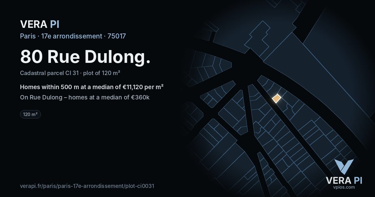 80 Rue Dulong, 17e arrondissement at night – the plot lit, the parcels around coloured by the prices near them