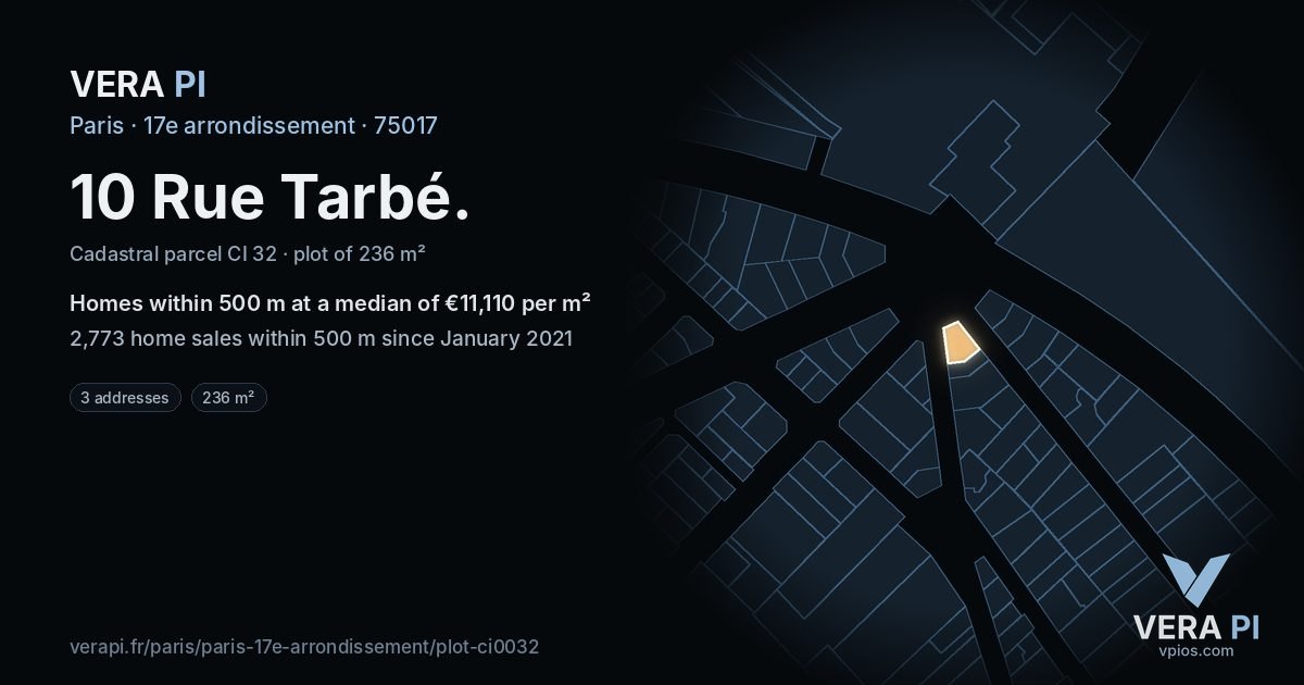 10 Rue Tarbé, 17e arrondissement at night – the plot lit, the parcels around coloured by the prices near them