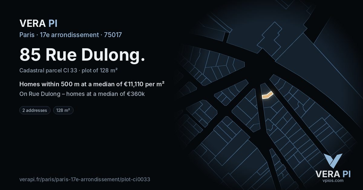85 Rue Dulong, 17e arrondissement at night – the plot lit, the parcels around coloured by the prices near them