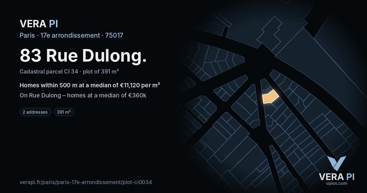 83 Rue Dulong, 17e arrondissement at night – the plot lit, the parcels around coloured by the prices near them