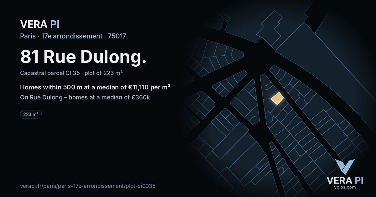 81 Rue Dulong, 17e arrondissement at night – the plot lit, the parcels around coloured by the prices near them