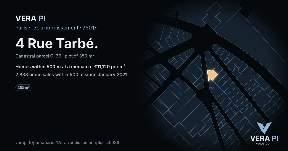4 Rue Tarbé, 17e arrondissement at night – the plot lit, the parcels around coloured by the prices near them
