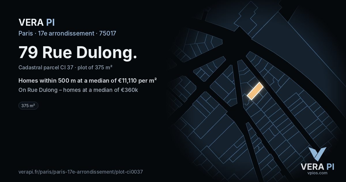 79 Rue Dulong, 17e arrondissement at night – the plot lit, the parcels around coloured by the prices near them