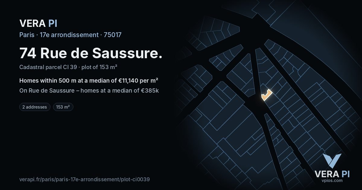 74 Rue de Saussure, 17e arrondissement at night – the plot lit, the parcels around coloured by the prices near them
