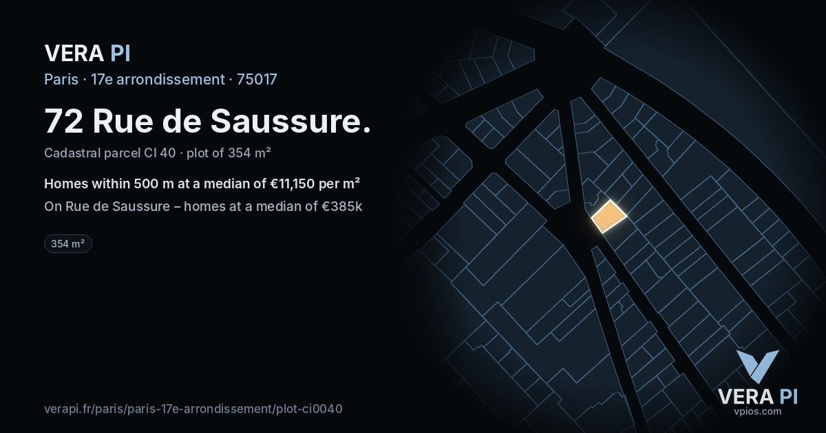 72 Rue de Saussure, 17e arrondissement at night – the plot lit, the parcels around coloured by the prices near them