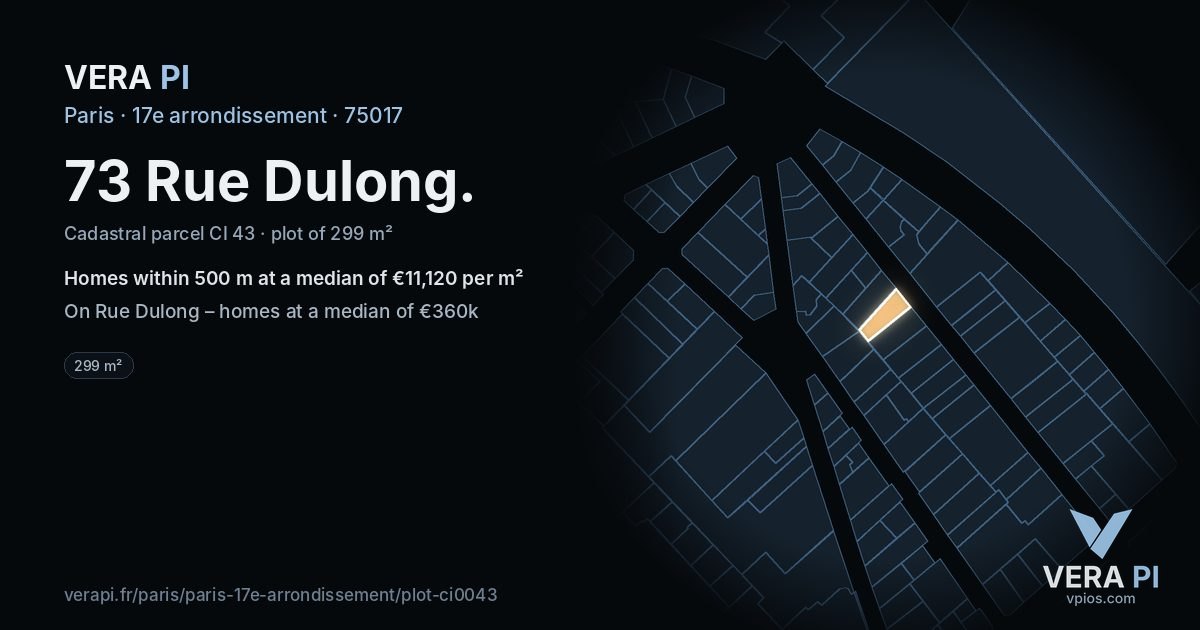 73 Rue Dulong, 17e arrondissement at night – the plot lit, the parcels around coloured by the prices near them