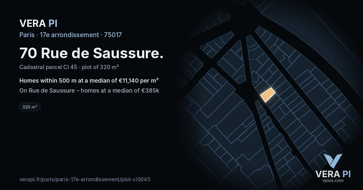 70 Rue de Saussure, 17e arrondissement at night – the plot lit, the parcels around coloured by the prices near them