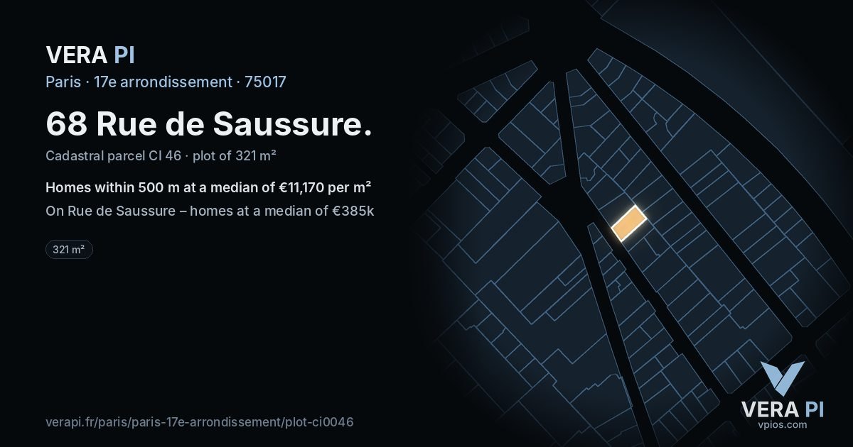 68 Rue de Saussure, 17e arrondissement at night – the plot lit, the parcels around coloured by the prices near them