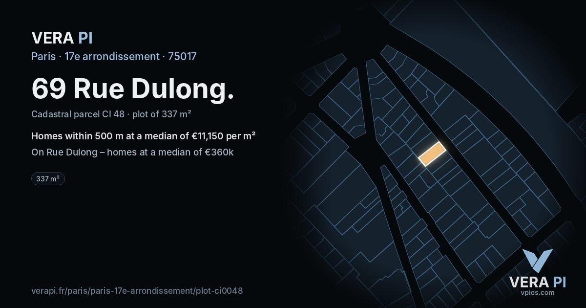 69 Rue Dulong, 17e arrondissement at night – the plot lit, the parcels around coloured by the prices near them