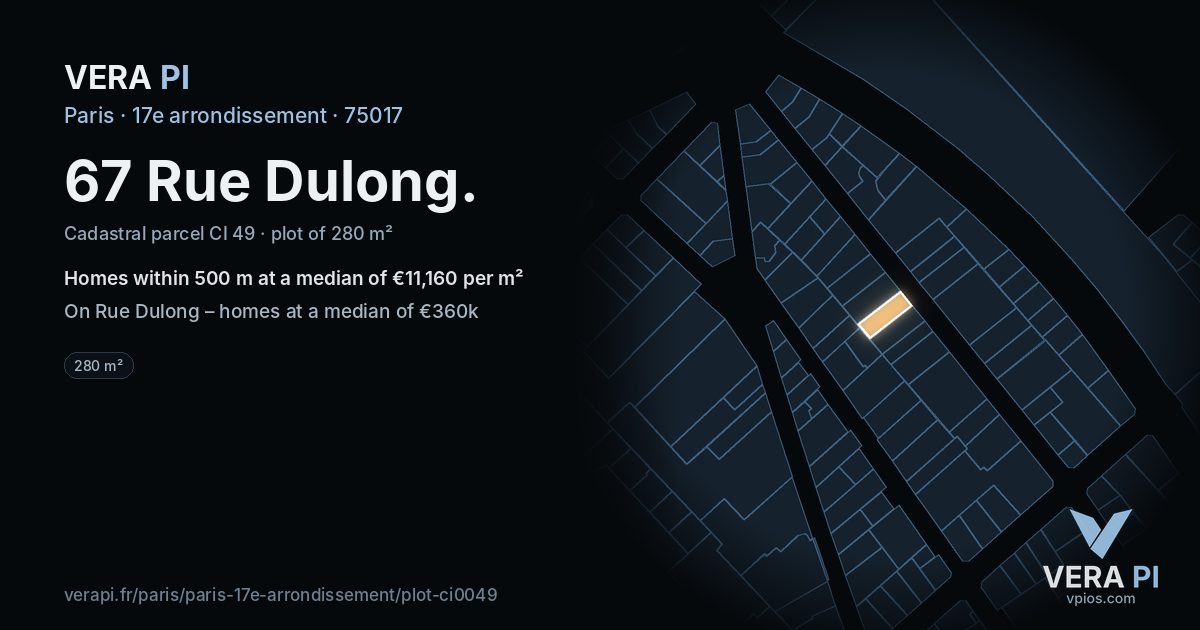 67 Rue Dulong, 17e arrondissement at night – the plot lit, the parcels around coloured by the prices near them