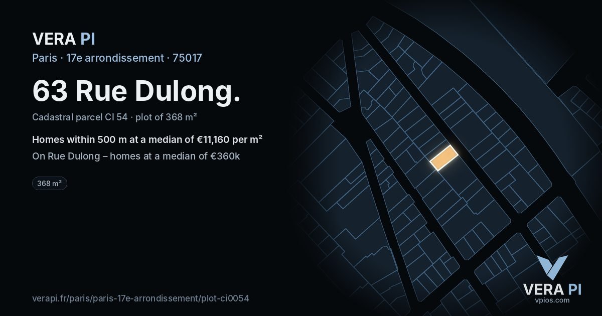 63 Rue Dulong, 17e arrondissement at night – the plot lit, the parcels around coloured by the prices near them