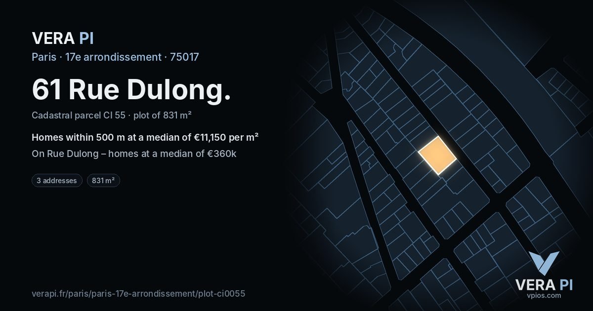 61 Rue Dulong, 17e arrondissement at night – the plot lit, the parcels around coloured by the prices near them