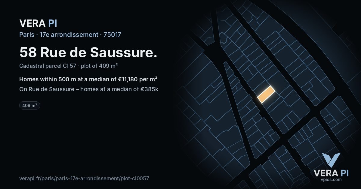 58 Rue de Saussure, 17e arrondissement at night – the plot lit, the parcels around coloured by the prices near them