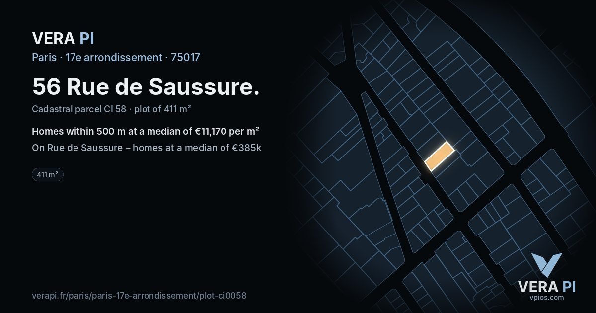 56 Rue de Saussure, 17e arrondissement at night – the plot lit, the parcels around coloured by the prices near them