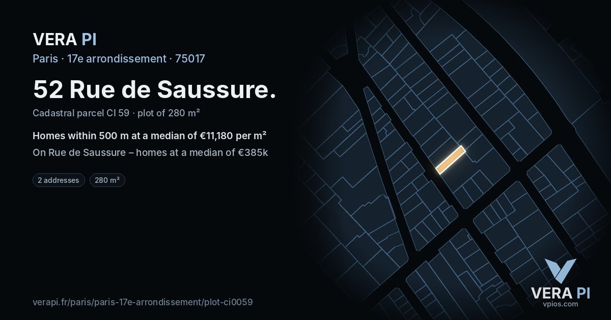 52 Rue de Saussure, 17e arrondissement at night – the plot lit, the parcels around coloured by the prices near them