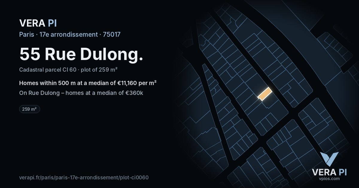 55 Rue Dulong, 17e arrondissement at night – the plot lit, the parcels around coloured by the prices near them