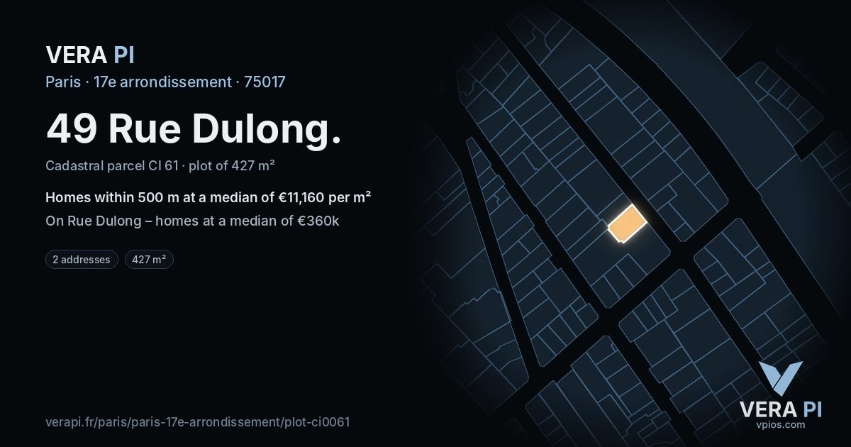 49 Rue Dulong, 17e arrondissement at night – the plot lit, the parcels around coloured by the prices near them
