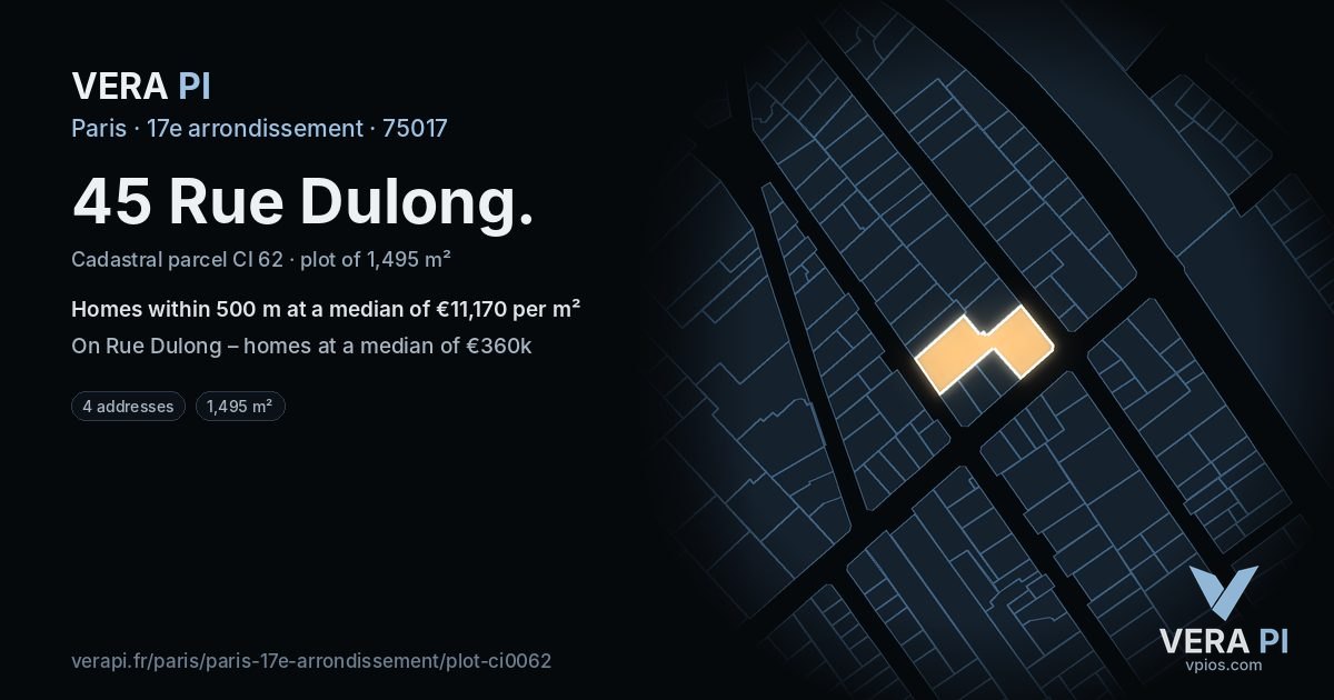 45 Rue Dulong, 17e arrondissement at night – the plot lit, the parcels around coloured by the prices near them