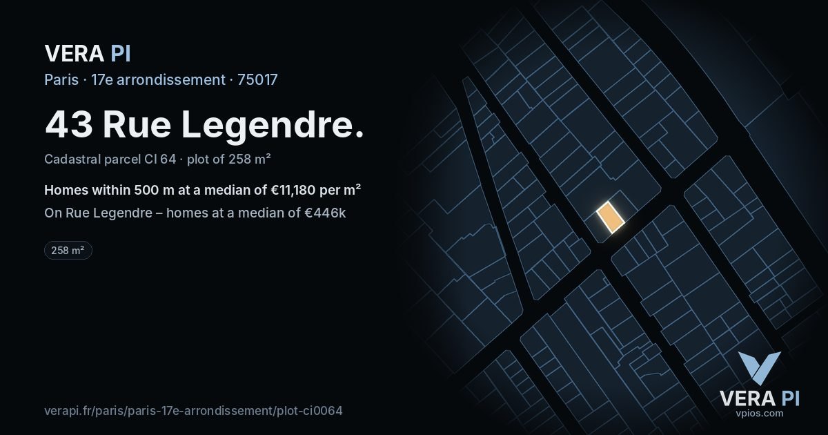 43 Rue Legendre, 17e arrondissement at night – the plot lit, the parcels around coloured by the prices near them