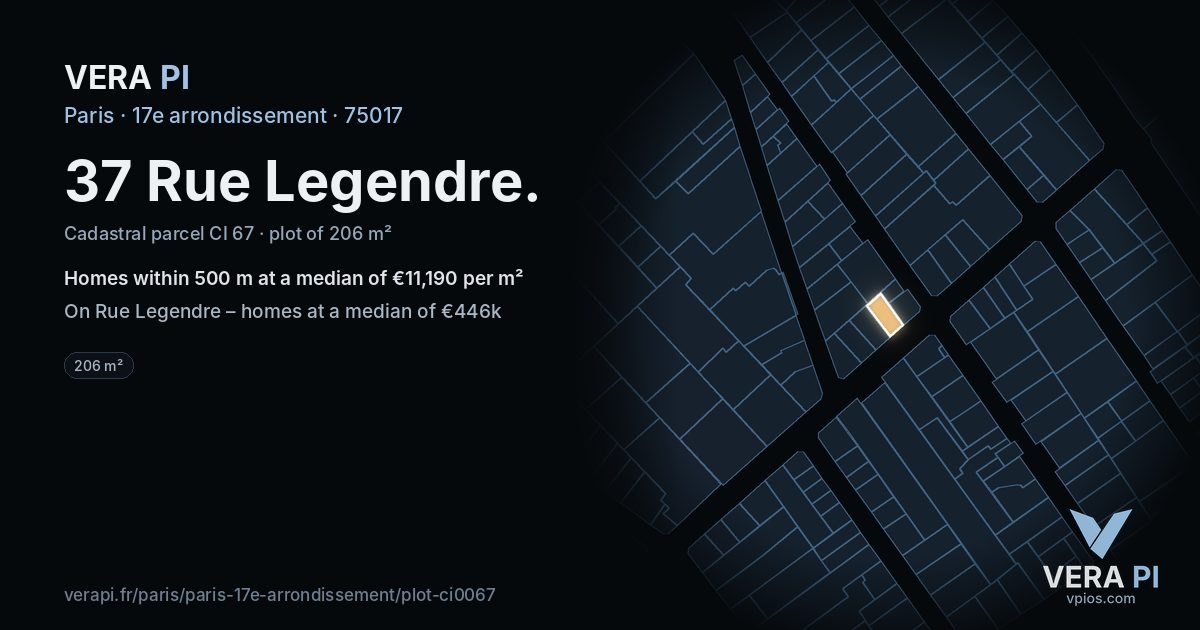 37 Rue Legendre, 17e arrondissement at night – the plot lit, the parcels around coloured by the prices near them