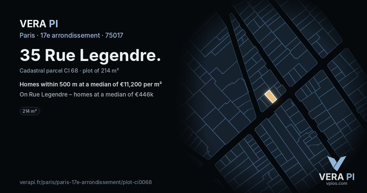 35 Rue Legendre, 17e arrondissement at night – the plot lit, the parcels around coloured by the prices near them