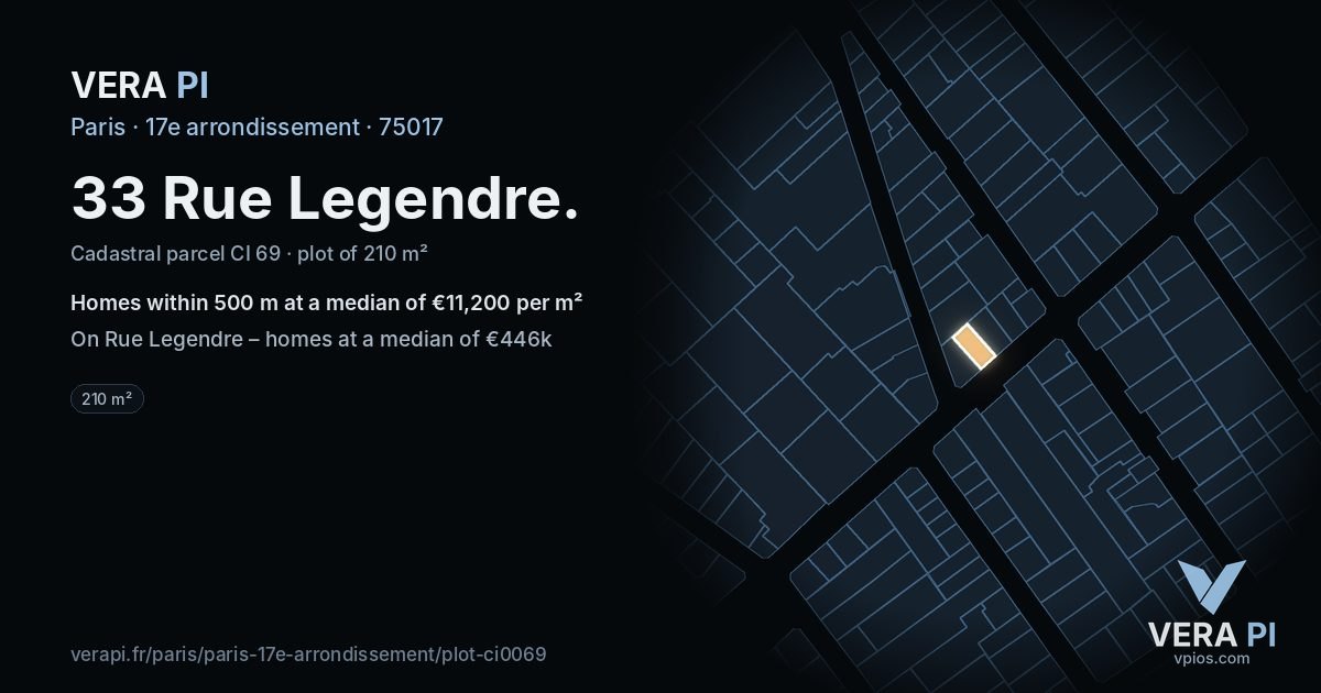 33 Rue Legendre, 17e arrondissement at night – the plot lit, the parcels around coloured by the prices near them