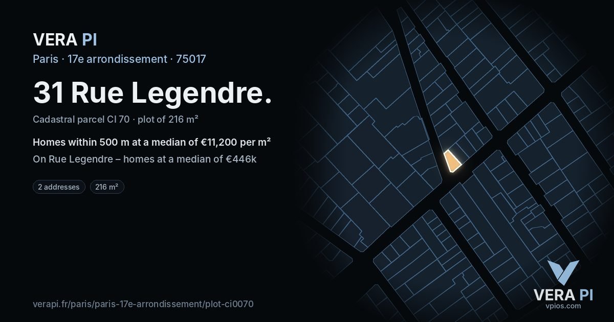 31 Rue Legendre, 17e arrondissement at night – the plot lit, the parcels around coloured by the prices near them