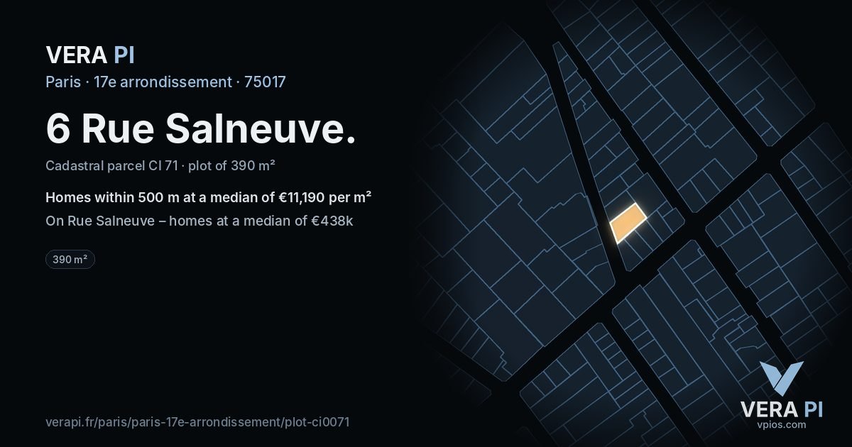 6 Rue Salneuve, 17e arrondissement at night – the plot lit, the parcels around coloured by the prices near them
