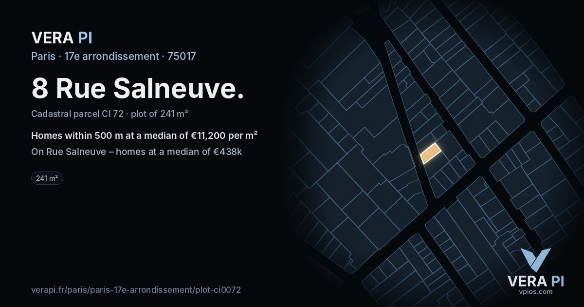 8 Rue Salneuve, 17e arrondissement at night – the plot lit, the parcels around coloured by the prices near them