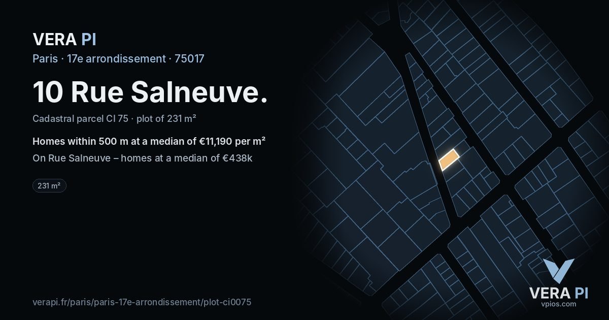 10 Rue Salneuve, 17e arrondissement at night – the plot lit, the parcels around coloured by the prices near them