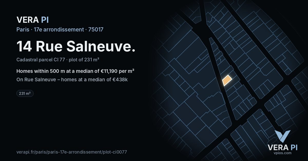 14 Rue Salneuve, 17e arrondissement at night – the plot lit, the parcels around coloured by the prices near them
