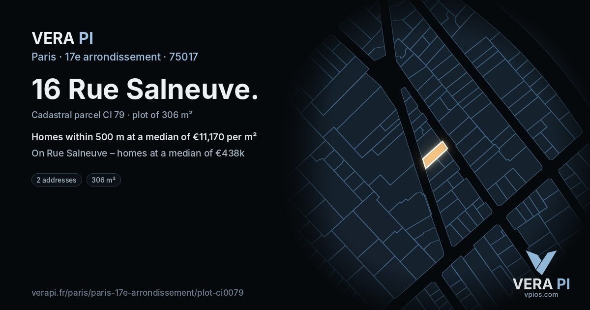 16 Rue Salneuve, 17e arrondissement at night – the plot lit, the parcels around coloured by the prices near them
