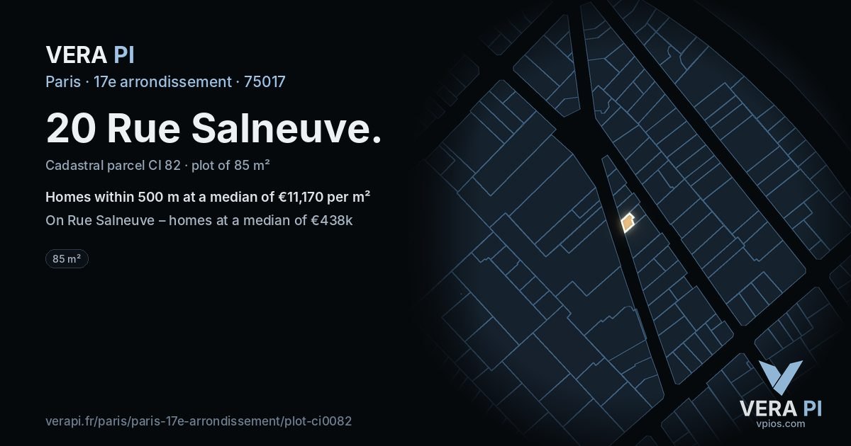 20 Rue Salneuve, 17e arrondissement at night – the plot lit, the parcels around coloured by the prices near them