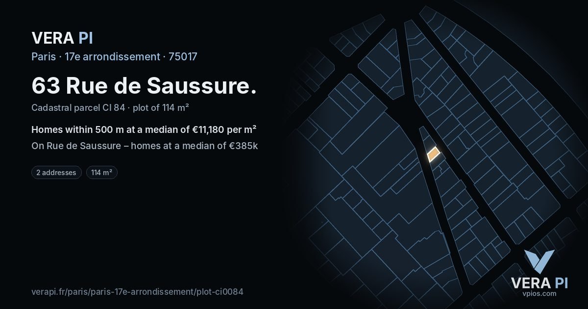 63 Rue de Saussure, 17e arrondissement at night – the plot lit, the parcels around coloured by the prices near them