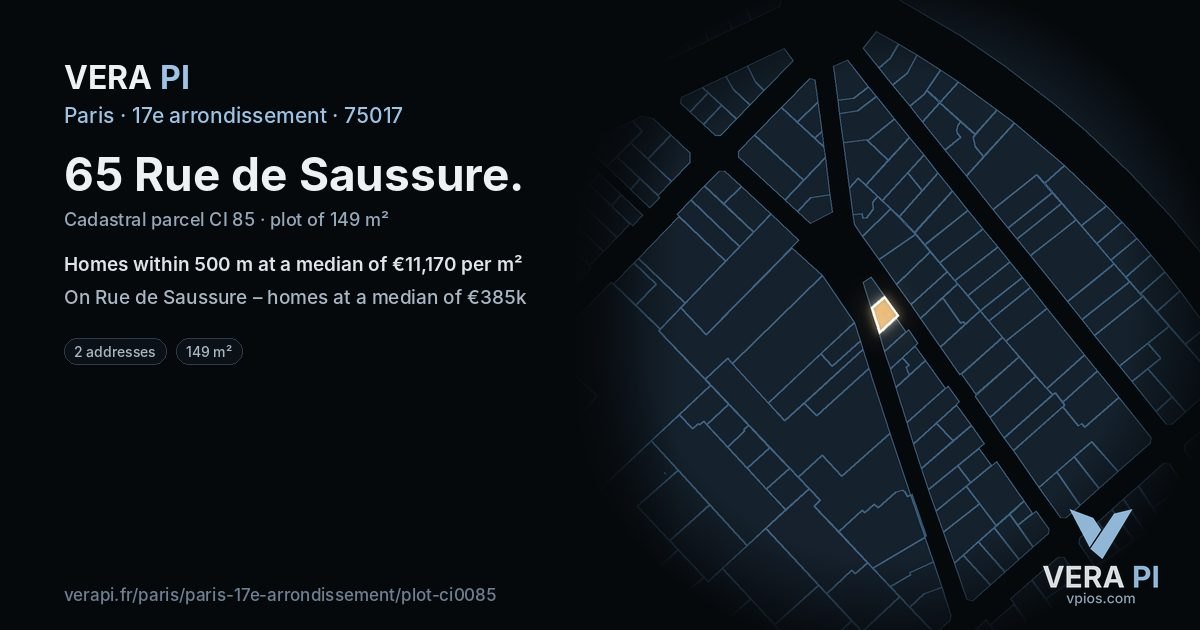 65 Rue de Saussure, 17e arrondissement at night – the plot lit, the parcels around coloured by the prices near them