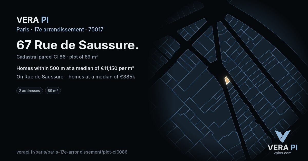 67 Rue de Saussure, 17e arrondissement at night – the plot lit, the parcels around coloured by the prices near them