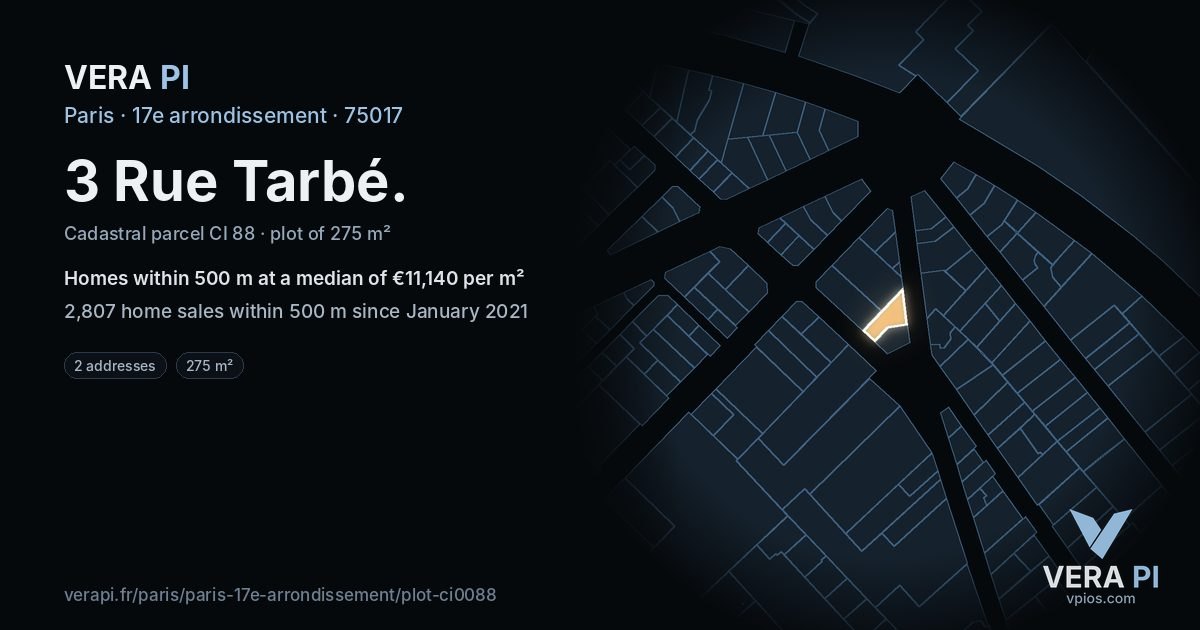 3 Rue Tarbé, 17e arrondissement at night – the plot lit, the parcels around coloured by the prices near them