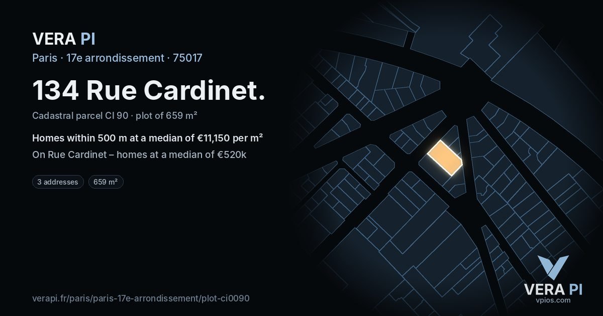 134 Rue Cardinet, 17e arrondissement at night – the plot lit, the parcels around coloured by the prices near them