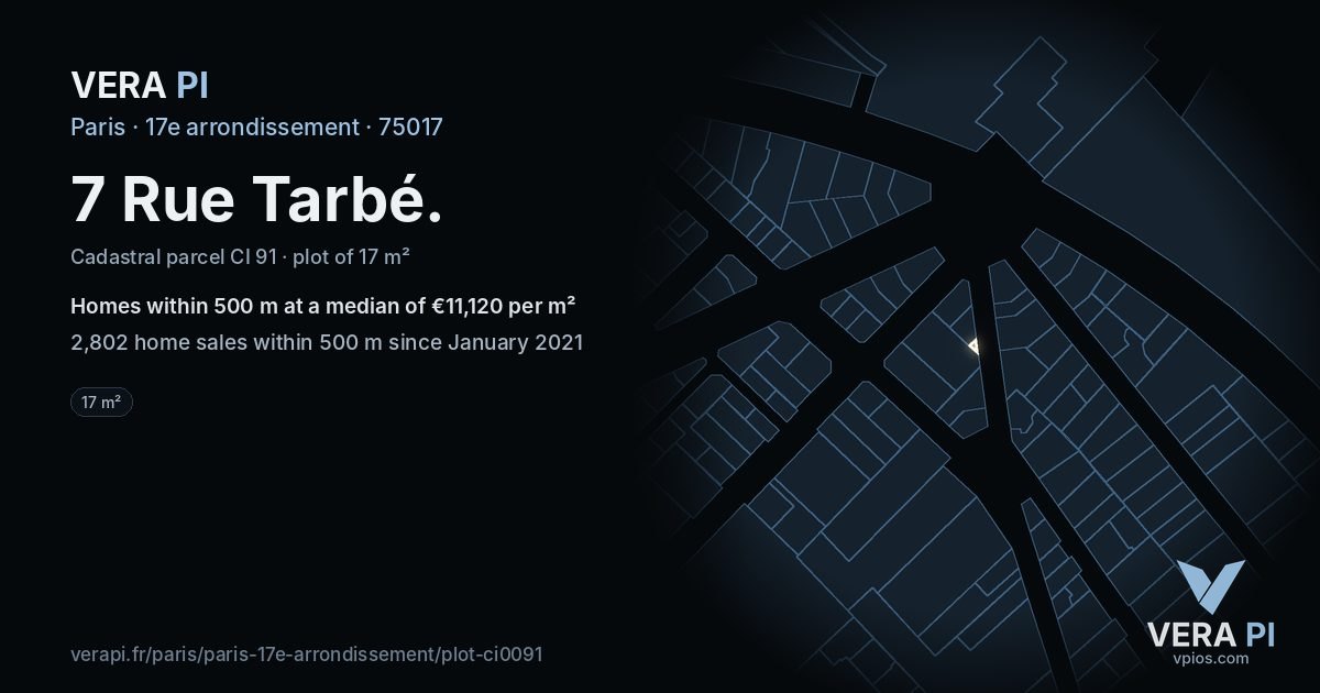 7 Rue Tarbé, 17e arrondissement at night – the plot lit, the parcels around coloured by the prices near them
