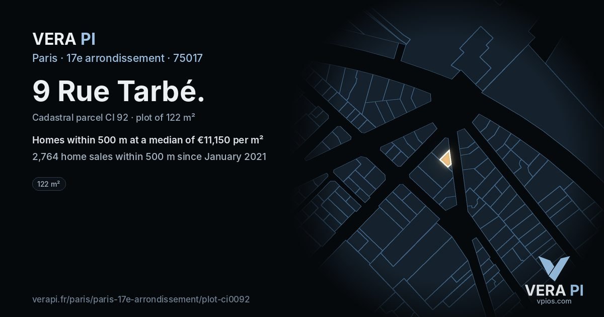 9 Rue Tarbé, 17e arrondissement at night – the plot lit, the parcels around coloured by the prices near them