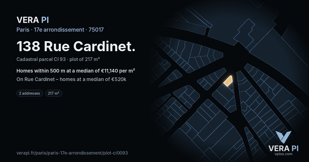 138 Rue Cardinet, 17e arrondissement at night – the plot lit, the parcels around coloured by the prices near them