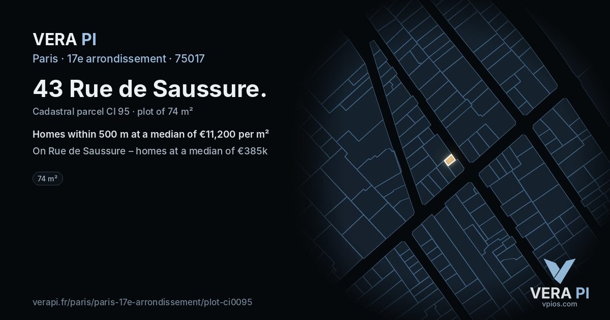 43 Rue de Saussure, 17e arrondissement at night – the plot lit, the parcels around coloured by the prices near them